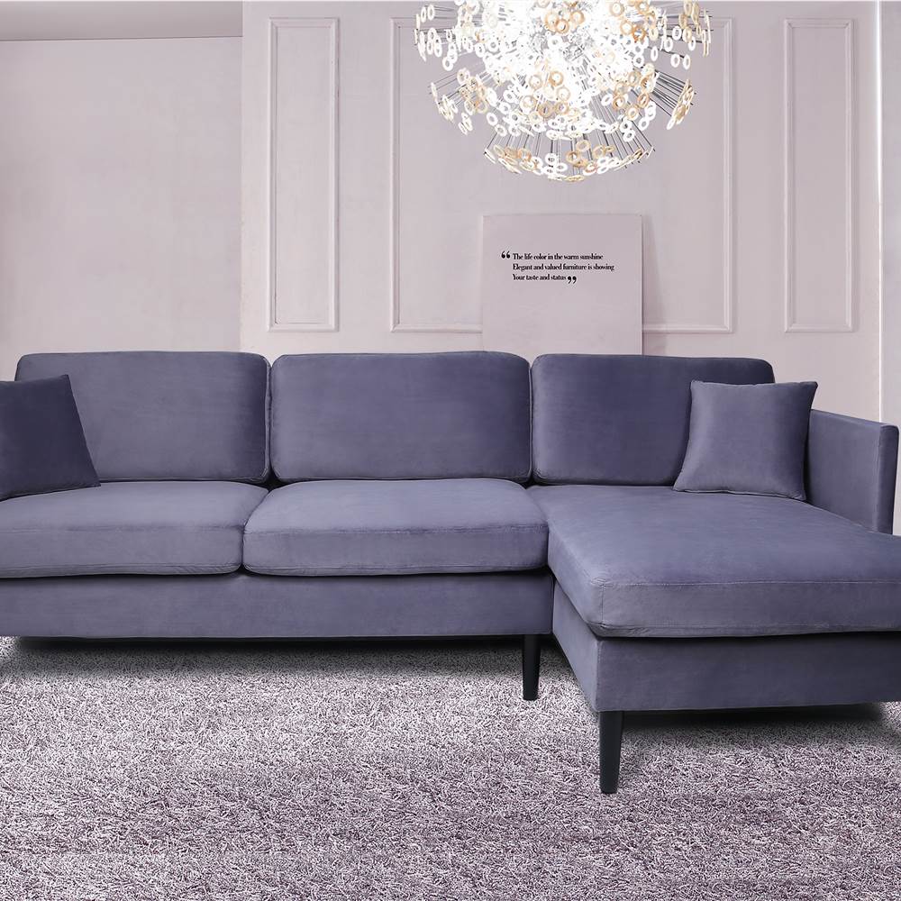 

2-seat Velvet Upholstered Sofa Combination, with Chaise and Solid Wood Feet, for Living Room, Bedroom, Office, Apartment - Grey