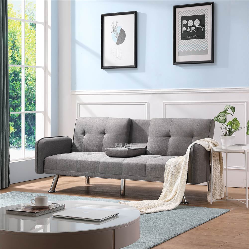 

Twin Size 2-seat Polyester Fabric Sofa Bed with Backrest and Solid Wood Frame for Living Room, Bedroom, Office, Apartment - Light Grey