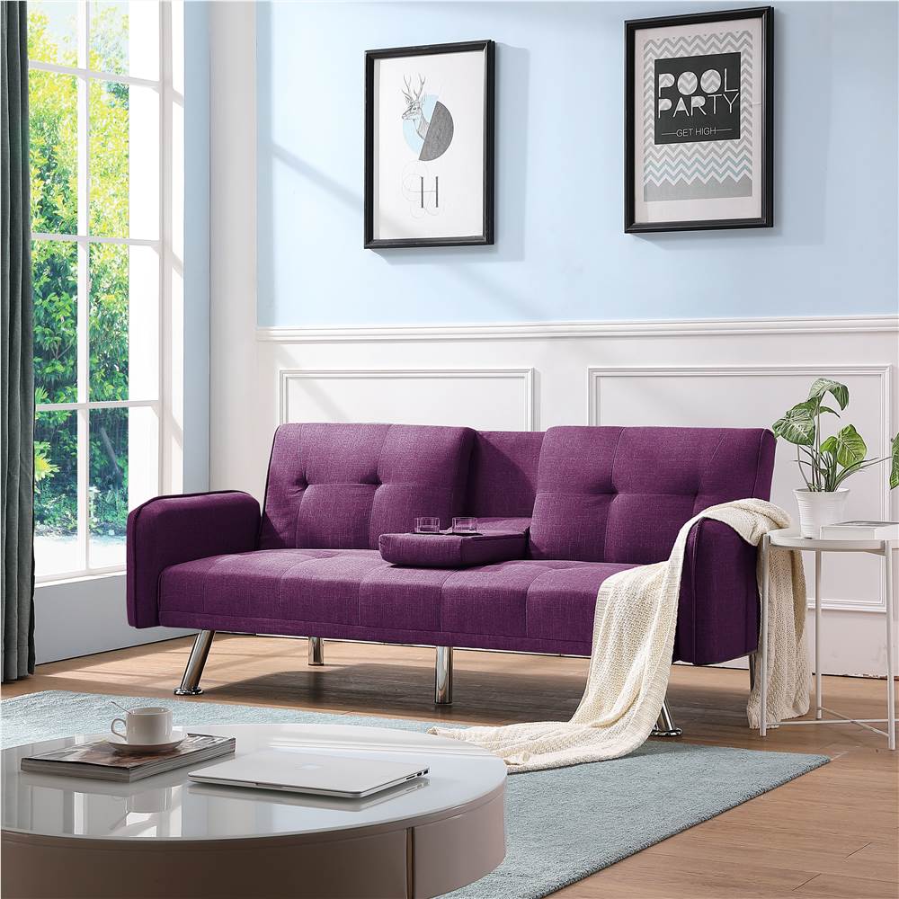 

Twin Size 2-seat Polyester Fabric Sofa Bed with Backrest and Solid Wood Frame for Living Room, Bedroom, Office, Apartment - Purple