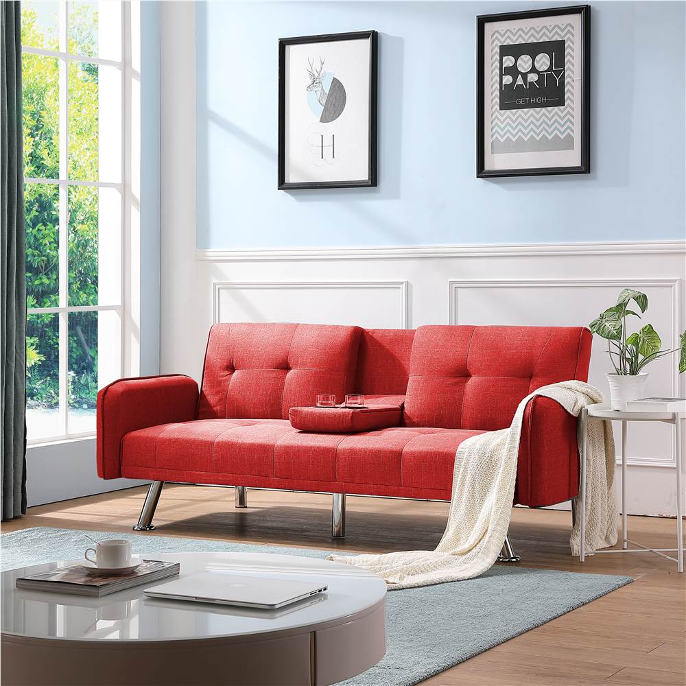 

Twin Size 2-seat Polyester Fabric Sofa Bed with Backrest and Solid Wood Frame for Living Room, Bedroom, Office, Apartment - Red