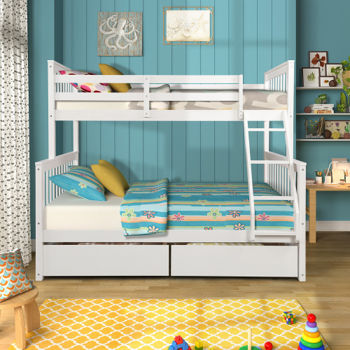 

Twin-Over-Full Size Wooden Bunk Bed Frame with Ladder and 2 Storage Drawers, Suitable for Families with Multiple Children - White