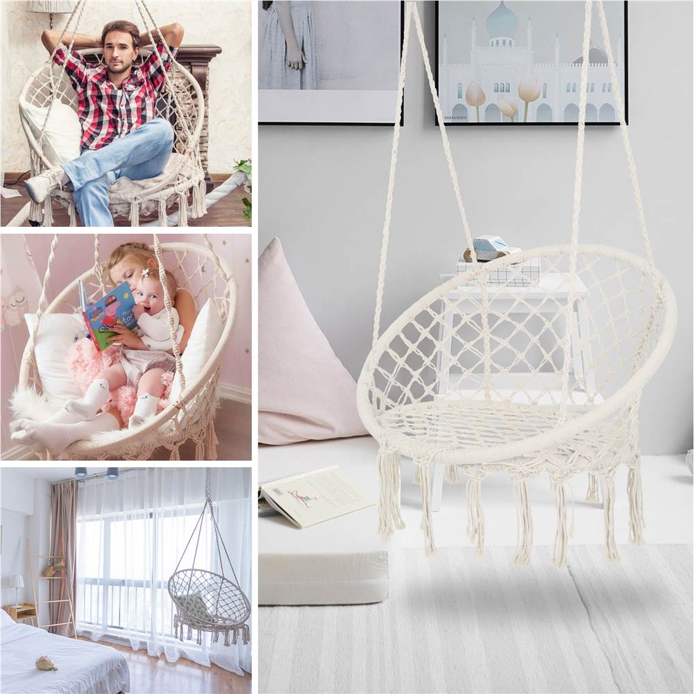 Portable Cotton Rope Hanging Basket Chair Maximum Load 330 Lbs for Garden, Yard, Terrace, Living Room - Beige