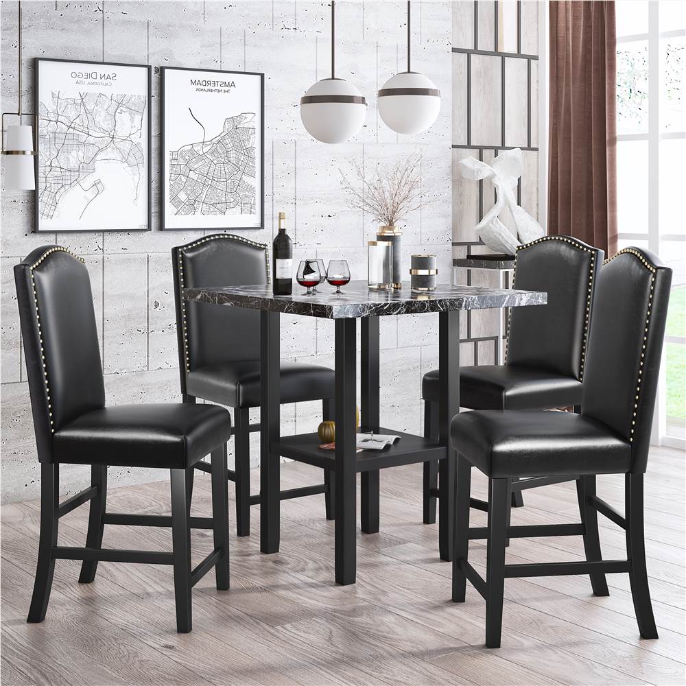 TOPMAX 5 Pieces Dining Set, Including 1 Square Table with Storage Shelf and 4 Chairs, for Kitchen, Living room, Cafe - Black Chair + Black Table