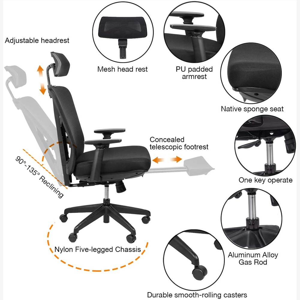 Reclining Office Chair - 300 LB Capacity Ergonomic Computer Mesh Recliner - Executive Swivel Office Desk Chair - Task Chair with Hidden Footrest and Lumbar Support (Black)