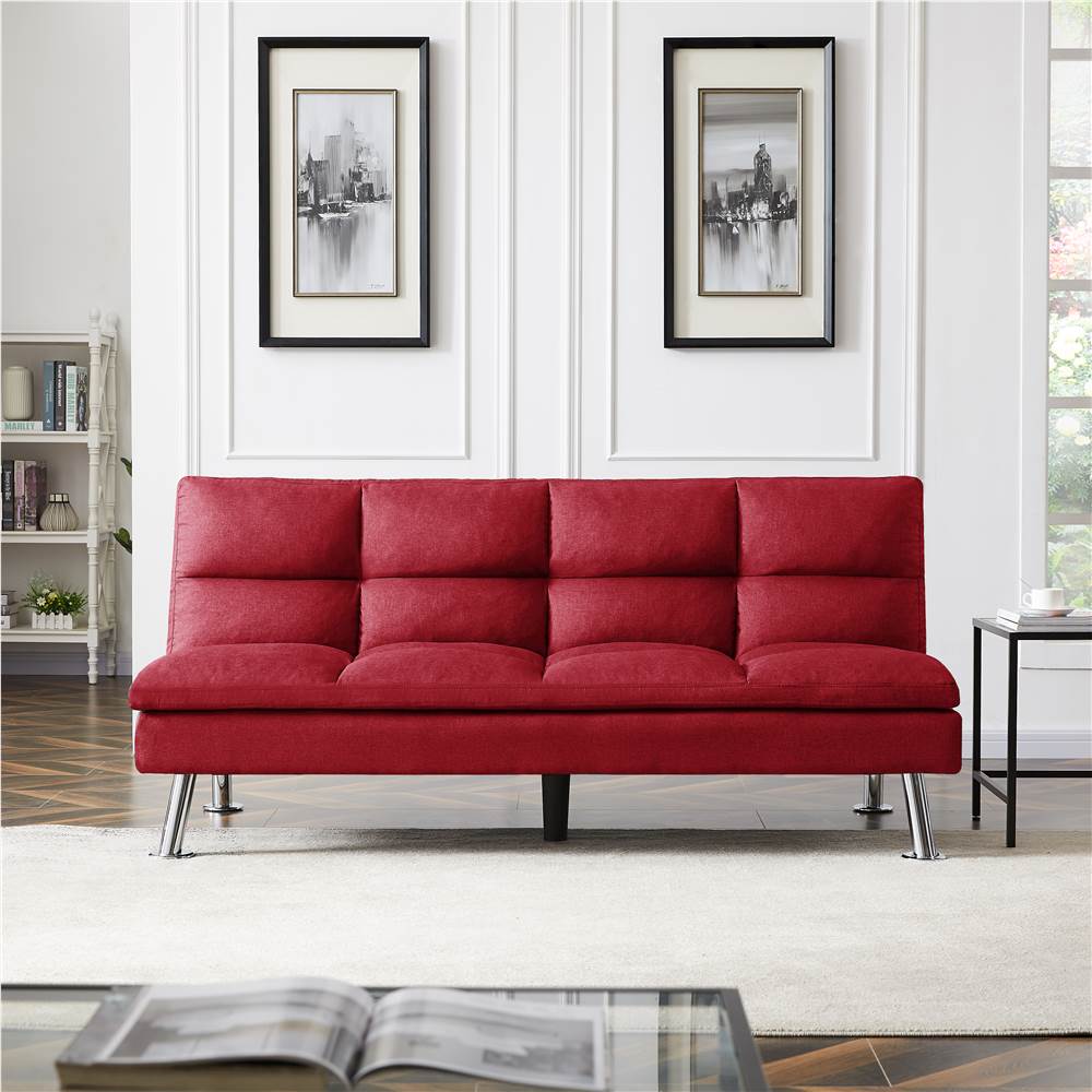 

Twin Size Polyester Upholstered Sofa Bed Solid Wood Frame with Adjusting Backrest and Metal Legs for Office, Living Room, Guest Room, Apartment - Red