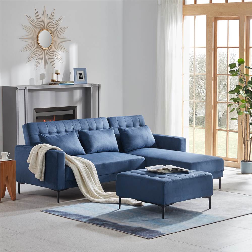 Orisfur L-образный замшевый мягкий диван-кровать с 3 подушками и регулируемой спинкой для гостиной, спальни, офиса, квартиры - синий