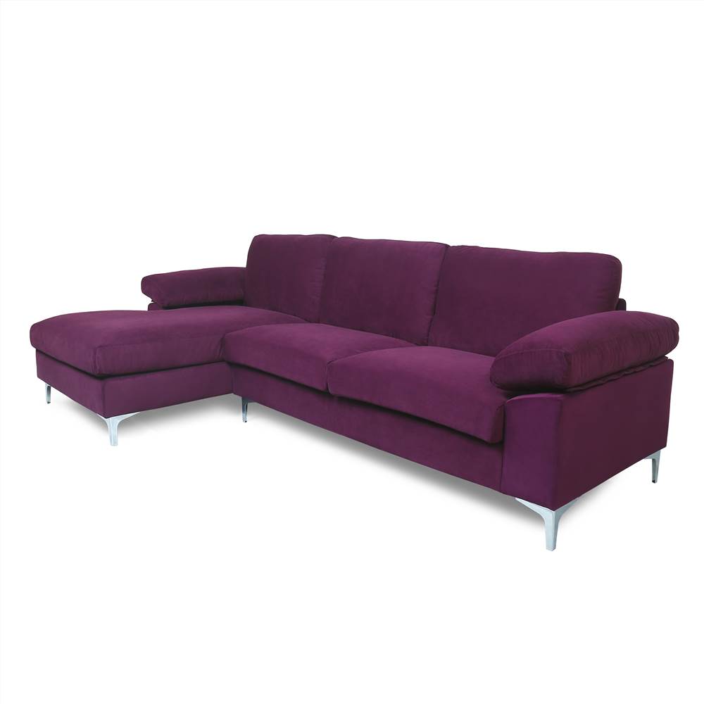Lshaped Velvet Upholstered Sofa with Removable Cushion Purple