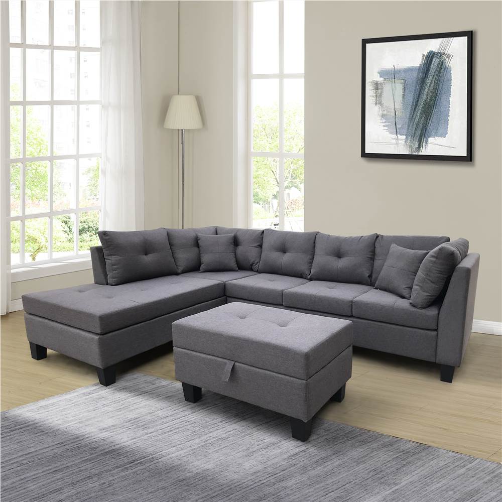 105.1&quot; Linen Upholstered Sofa Set with Left Hand Chaise, and Storage Ottoman, for Living Room, Cafe, Office, Apartment - Dark Gray
