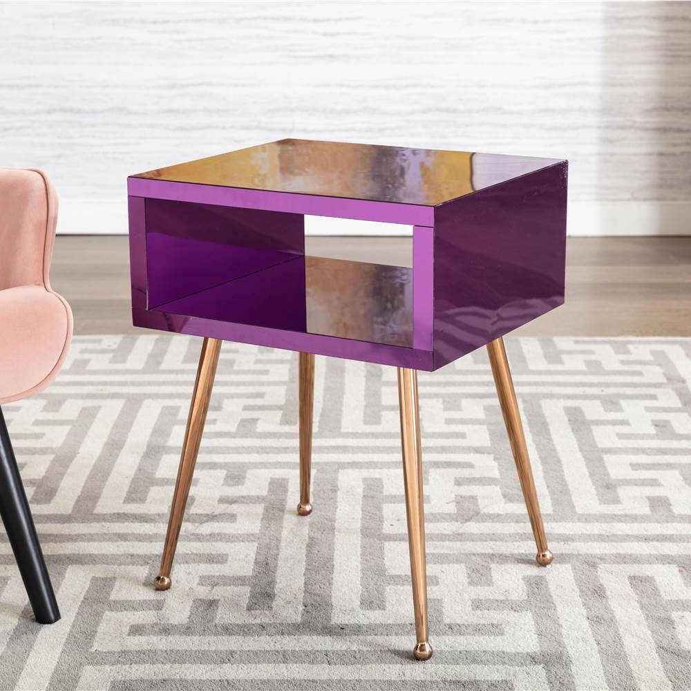 COOLMORE Mirror Bedside Table End Table with Metal High Legs for Living Room, Bedroom, Office, Dressing Room - Purple