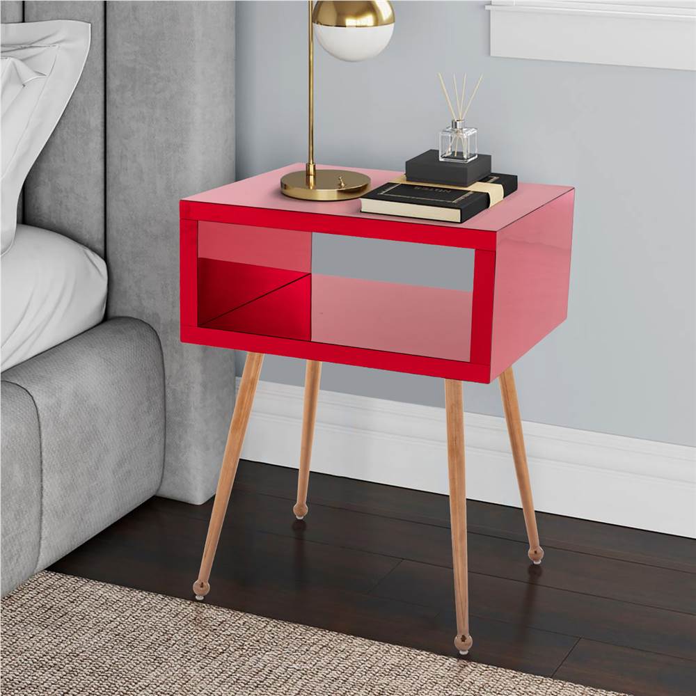 

COOLMORE Mirror Bedside Table End Table with Metal High Legs for Living Room, Bedroom, Office, Dressing Room - Red
