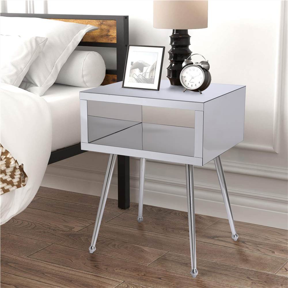 COOLMORE Mirror Bedside Table End Table with Metal High Legs for Living Room, Bedroom, Office, Dressing Room - Silver