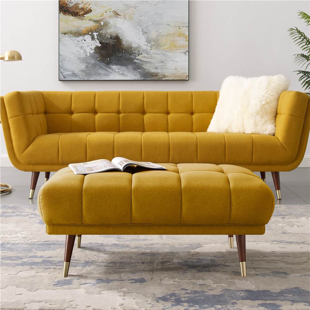 

Polyester Fabric Upholstered Ottoman with Rubber Wood Feet, for Living Room, Bedroom, Office, Apartment - Yellow