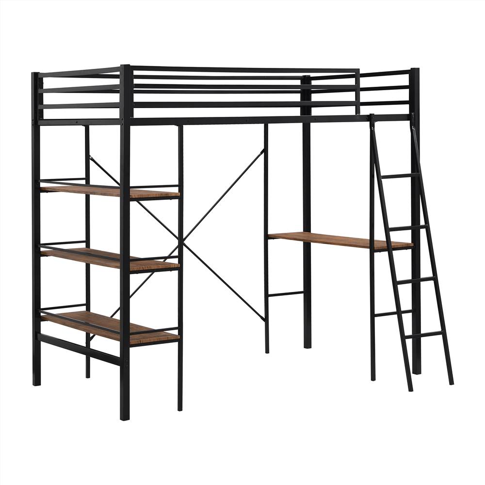 Twin Size Metal Loft Bed Frame with Shelf and Desk Black