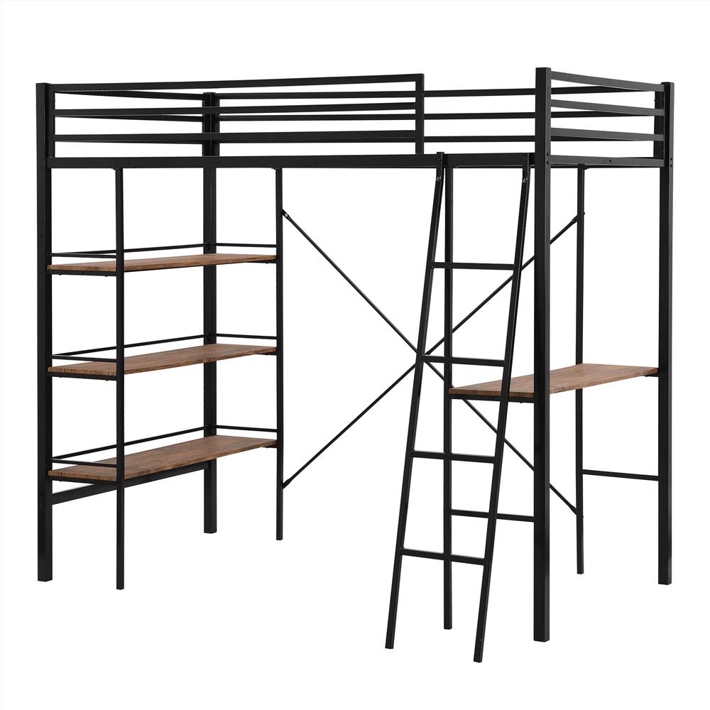 Twin Size Metal Loft Bed Frame with Shelf and Desk Black
