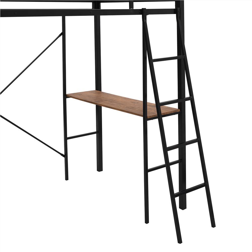 Twin Size Metal Loft Bed Frame with Shelf and Desk Black