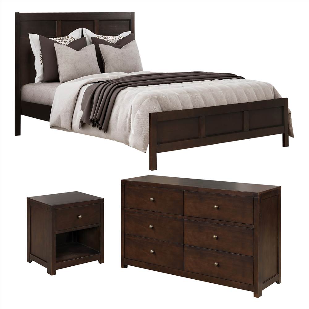 3 Pieces Wooden Bedroom Set, Including Queen Size Bed, Nightstand, and Dresser - Brown