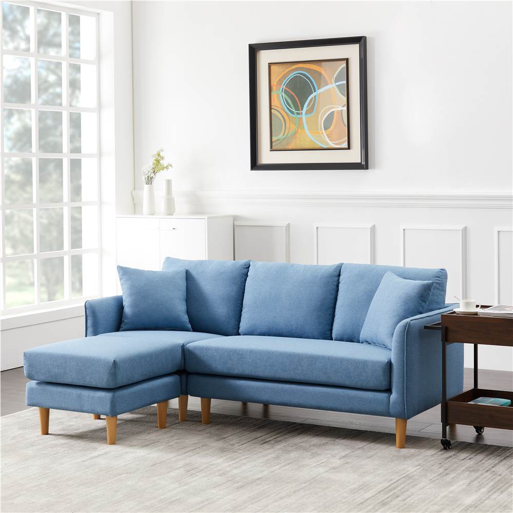 

Polyester Fabric L-shaped Corner Sofa with 2 Pillows and Ottoman for Living Room, Bedroom, Office, Apartment - Blue