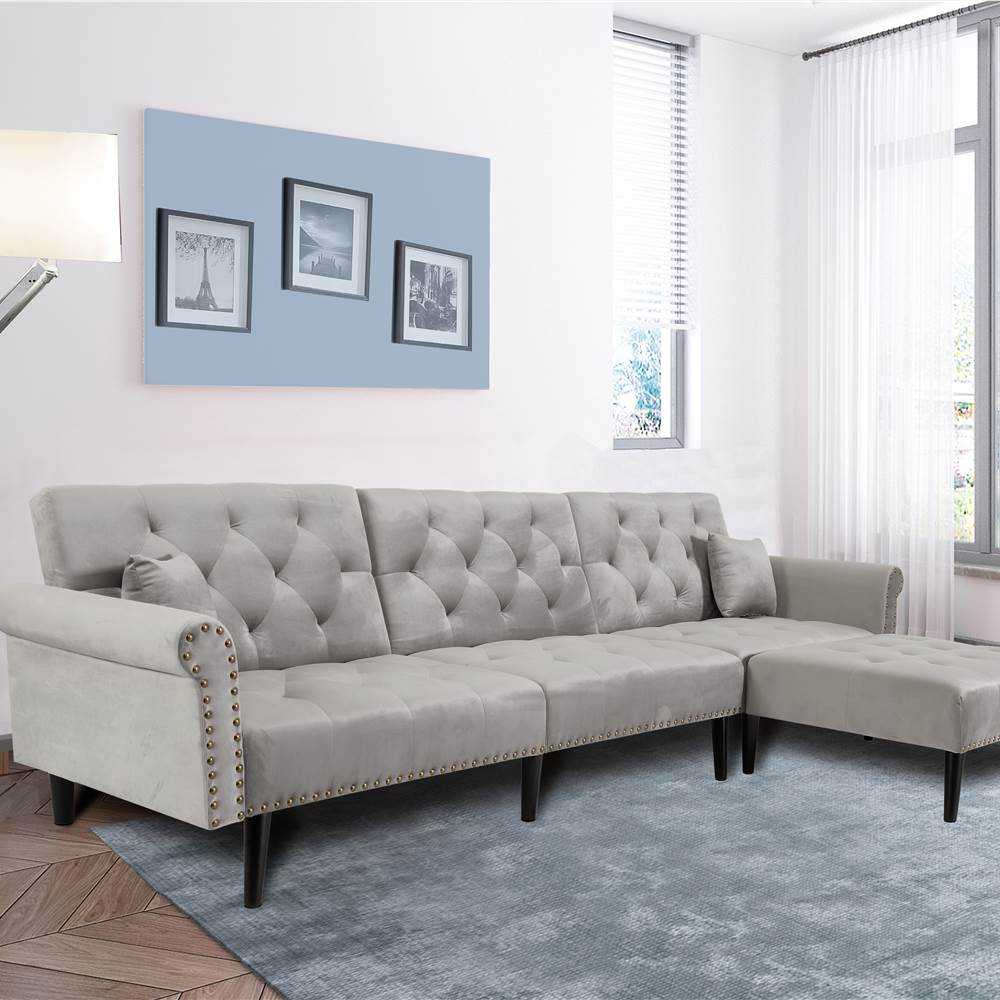 4Seat Velvet Lshaped Corner Convertible Sofa Bed Grey