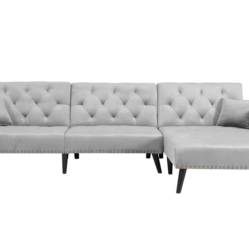 4Seat Velvet Lshaped Corner Convertible Sofa Bed Grey