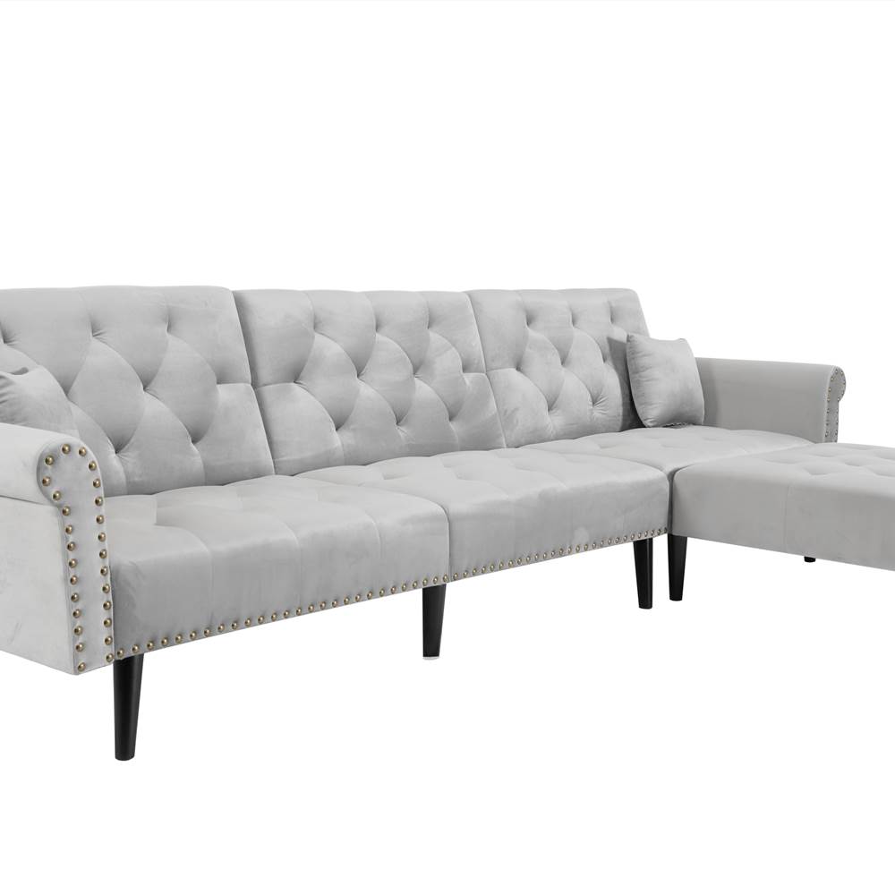 4Seat Velvet Lshaped Corner Convertible Sofa Bed Grey