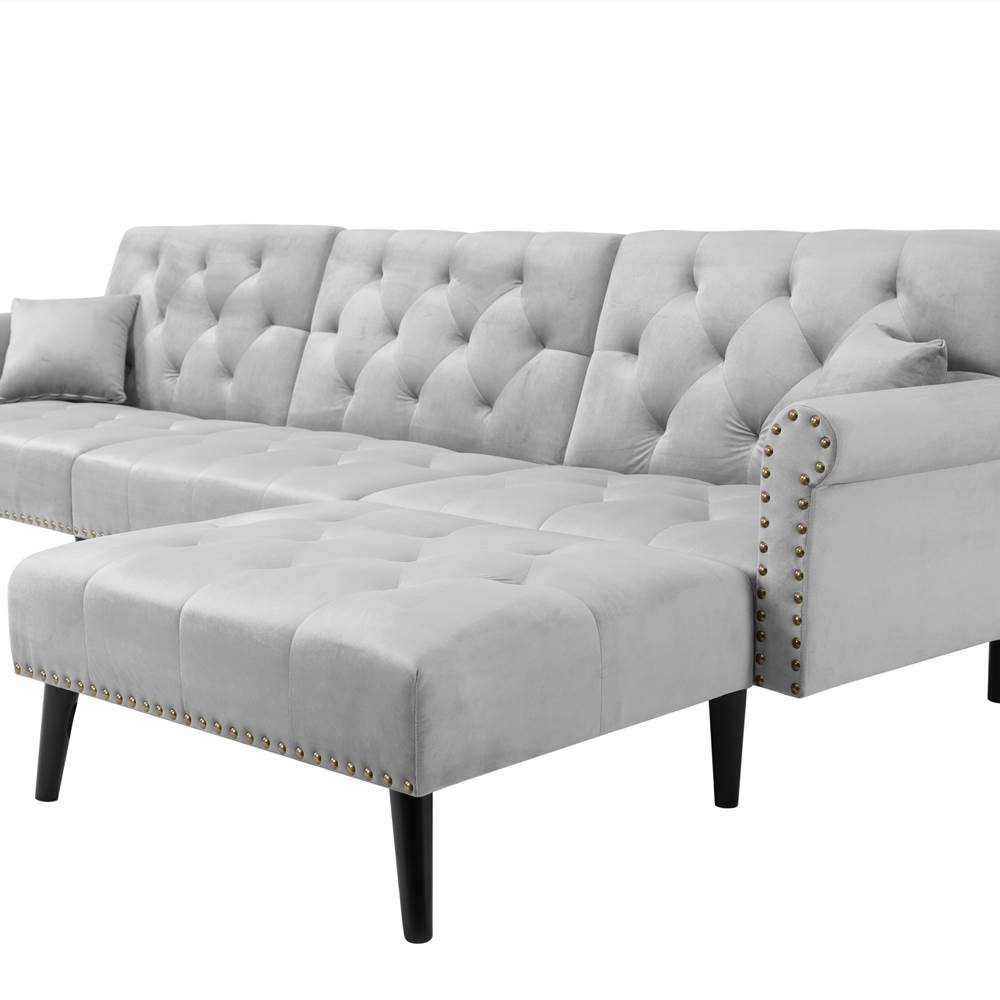 4Seat Velvet Lshaped Corner Convertible Sofa Bed Grey