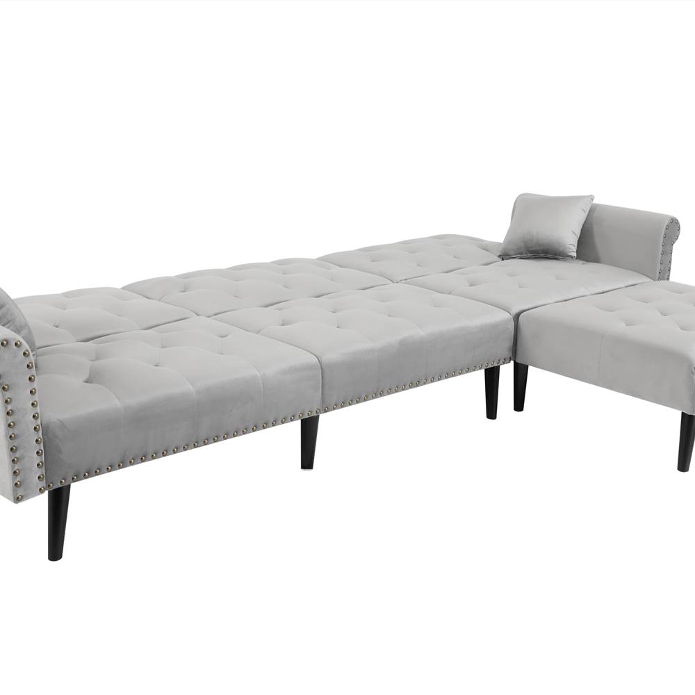 4Seat Velvet Lshaped Corner Convertible Sofa Bed Grey