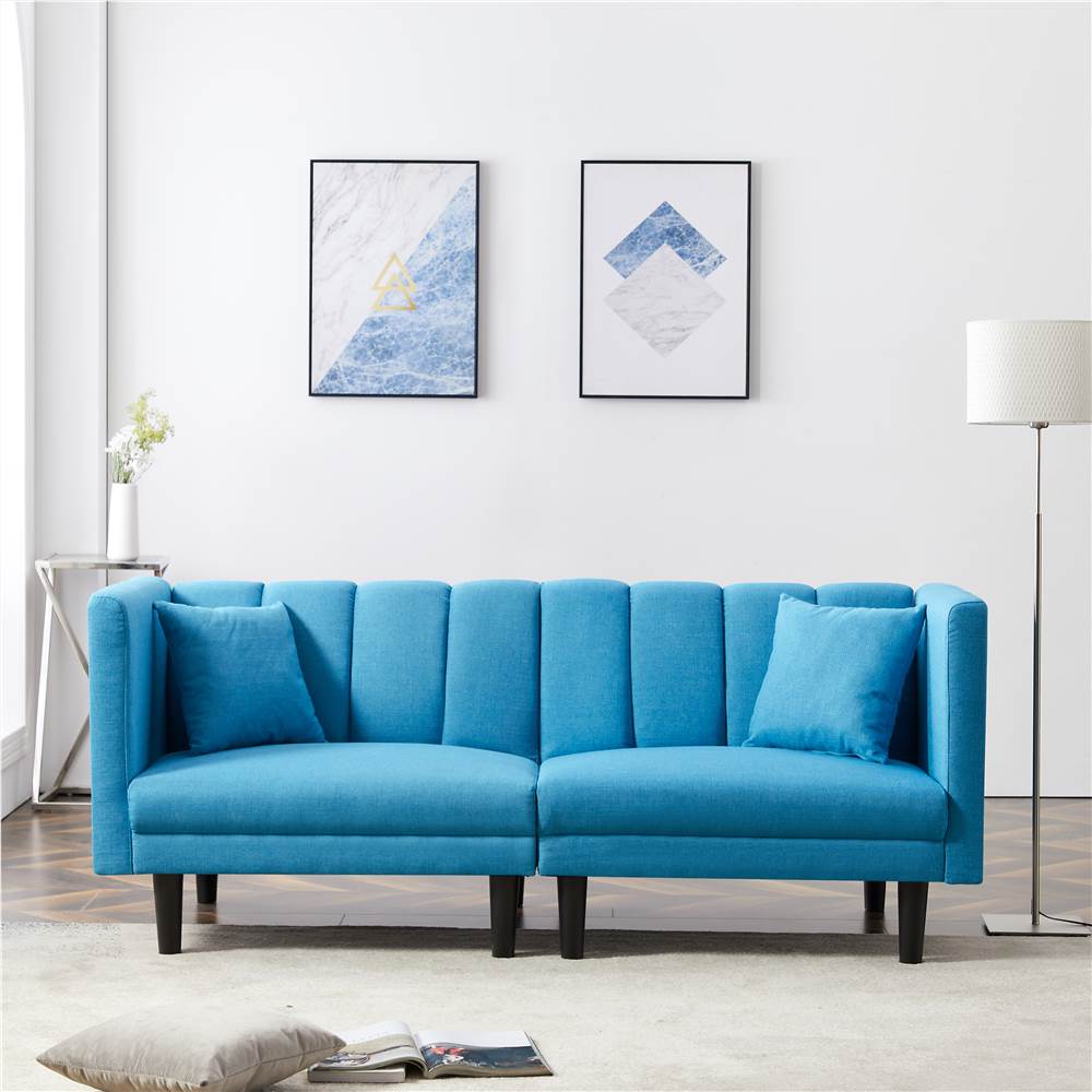 

2-Seat Linen Blend Fabric Upholstered Sofa Bed with 2 Pillows and Removable Armrests for Living Room, Bedroom, Office, Apartment - Blue
