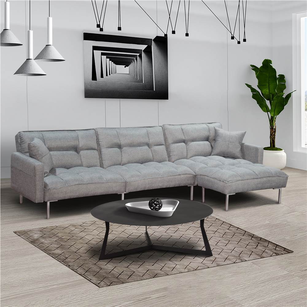 

4-Seat Polyester Fabric Combination Sofa Bed with 2 Pillows and Reversible Ottoman for Living Room, Bedroom, Office, Apartment - Grey