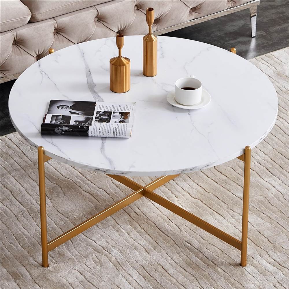 

36" Modern Round Coffee Table with Imitation Marble Wooden Tabletop and Metal Frame for Living Room, Office, Apartment, Restaurant - Gold