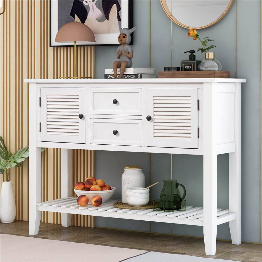 TREXM 46&quot; Retro Console Table, with Shutter Doors, 2 Storage Drawers, and Bottom Shelf, for Entrance Hallway, Dining Room, Kitchen - White