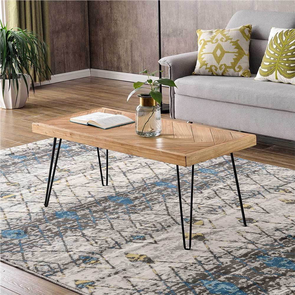

TREXM Rectangular Nature Rough Wood Coffee Table with Chevron Pattern and Metal Hairpin Legs, for Kitchen, Restaurant, Office, Living Room, Cafe - Oak