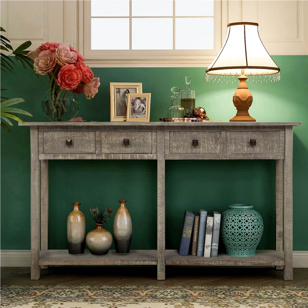 

TREXM 59" Rustic Brushed Texture Console Table, with 4 Drawers and Bottom Shelf, for Entrance Hallway, Dining Room, Kitchen - Grey
