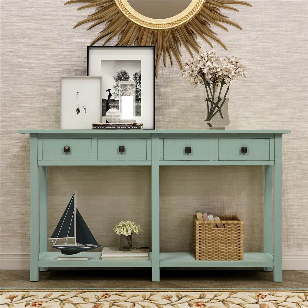 

TREXM 59" Rustic Brushed Texture Console Table, with 4 Drawers and Bottom Shelf, for Entrance Hallway, Dining Room, Kitchen - Blue