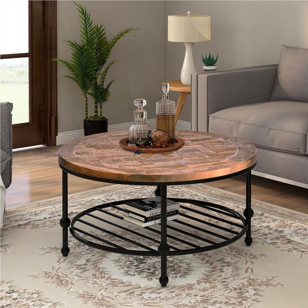 TREXM 35&quot; Round Rustic Natural Coffee Table with Storage Shelf, for Kitchen, Restaurant, Office, Living Room, Cafe - Brown