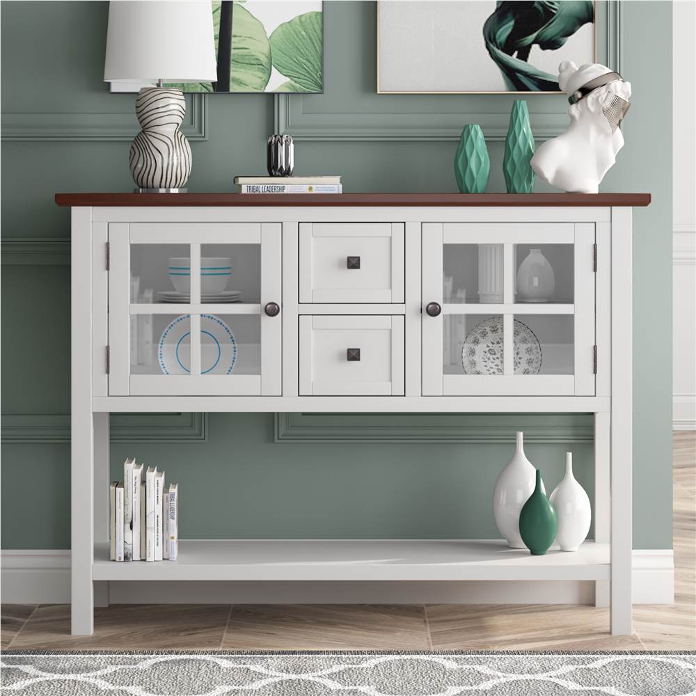 

U-STYLE 45'' Modern Console Table with 2 Drawers, 2 Cabinets and 1 Shelf, for Entrance Hallway, Dining Room, Bedroom - White + Brown