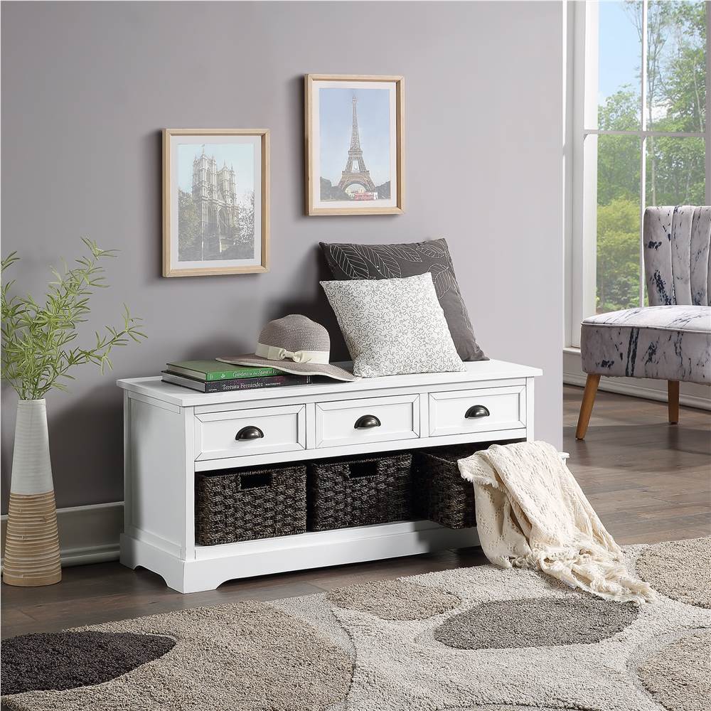 

U-STYLE 19" Wooden Console Table with 3 Drawers and 3 Woven Baskets, for Entrance Hallway, Dining Room, Bedroom - White