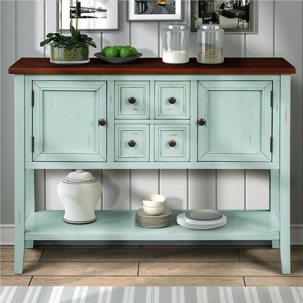 

TREXM 46'' Console Table with 4 Storage Drawers, 2 Cabinets and Bottom Shelf, for Entrance, Hallway, Dining Room, Kitchen - Retro Blue