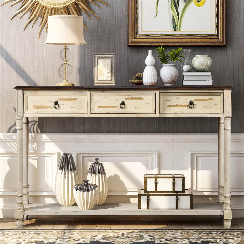 TREXM 51'' Console Table with 3 Storage Drawers, and Bottom Shelf, for Entrance, Hallway, Dining Room, Kitchen - Beige