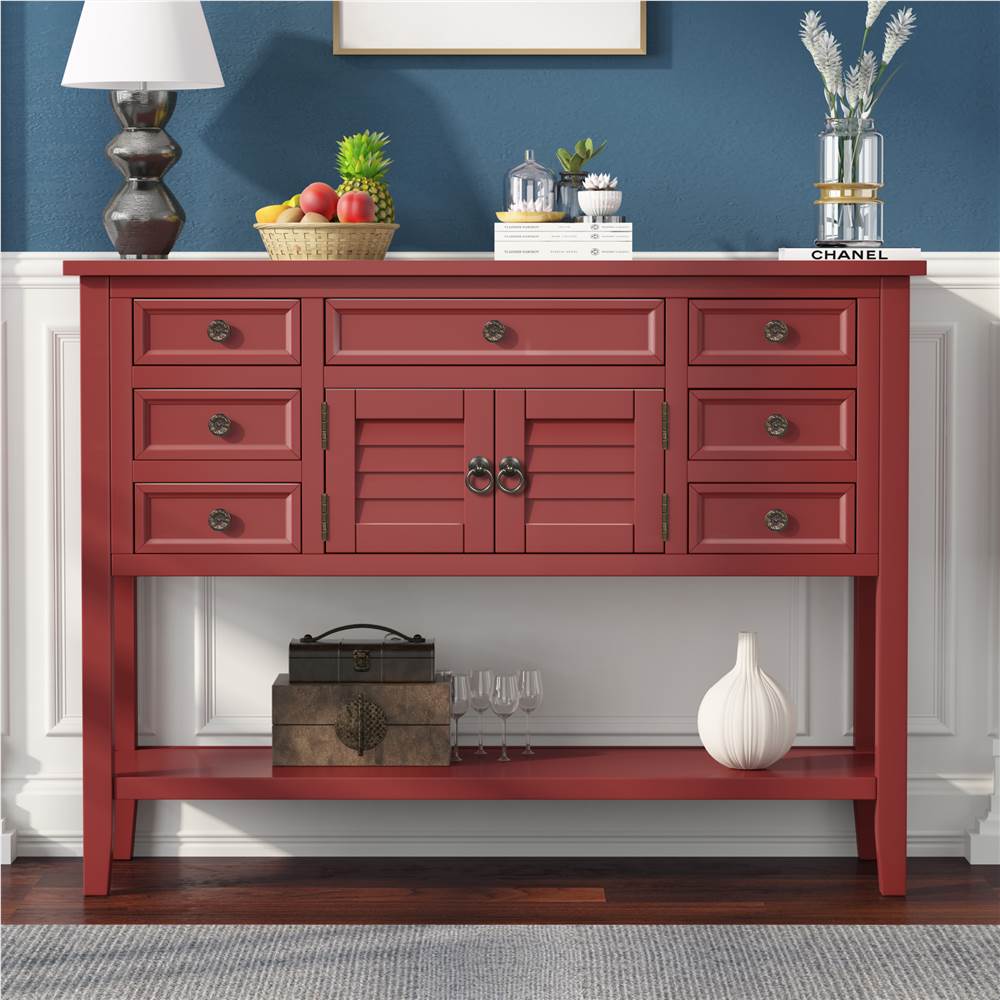 

U-STYLE 45'' Modern Console Table with 7 Drawers, 1 Cabinet and 1 Shelf, for Entrance Hallway, Dining Room, Bedroom - Red