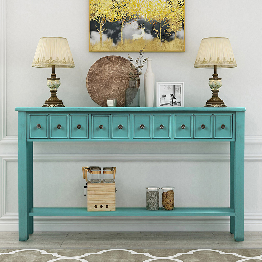 

TREXM 60" Rustic Console Table with 4 Storage Drawers, and Bottom Shelf, for Entrance Hallway, Dining Room, Kitchen - Blue