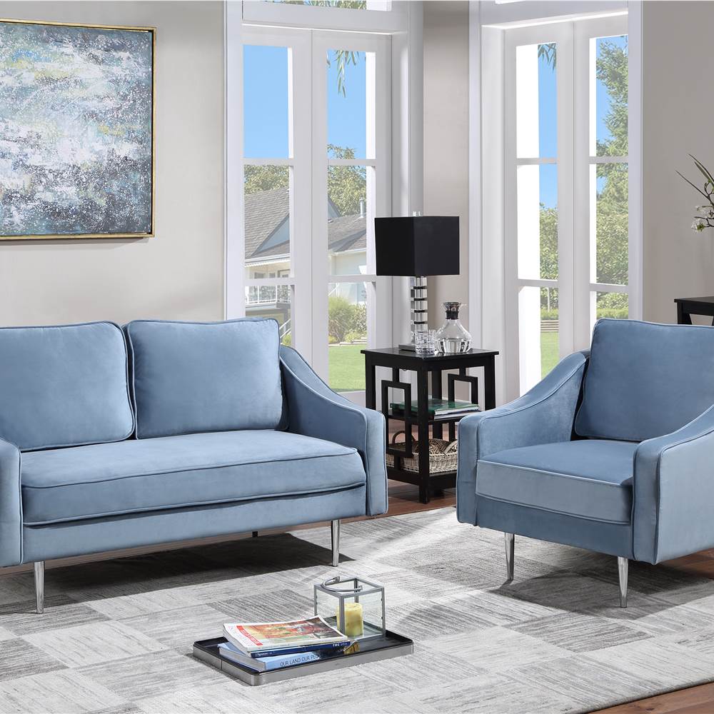 

Orisfur 1+2-Seat Velvet Upholstered Sofa Set with Ergonomic Backrest and Metal Legs for Living Room, Bedroom, Office, Apartment - Blue