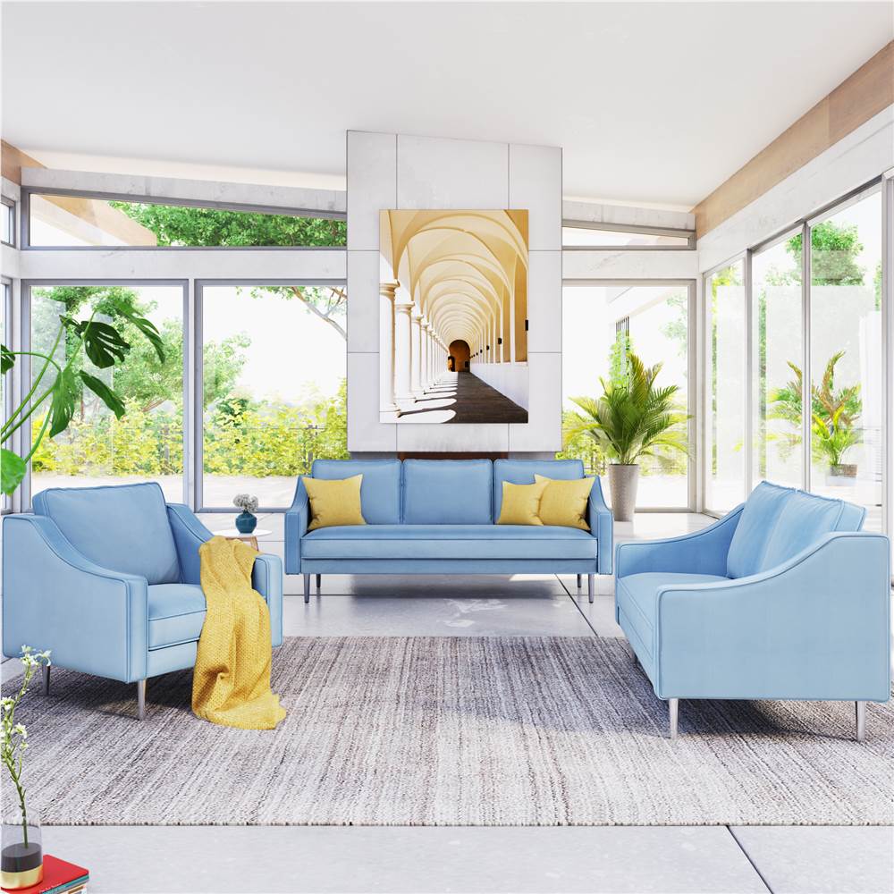 

Orisfur 1+2+3-Seat Velvet Upholstered Sofa Set with Ergonomic Backrest and Metal Legs for Living Room, Bedroom, Office, Apartment - Blue