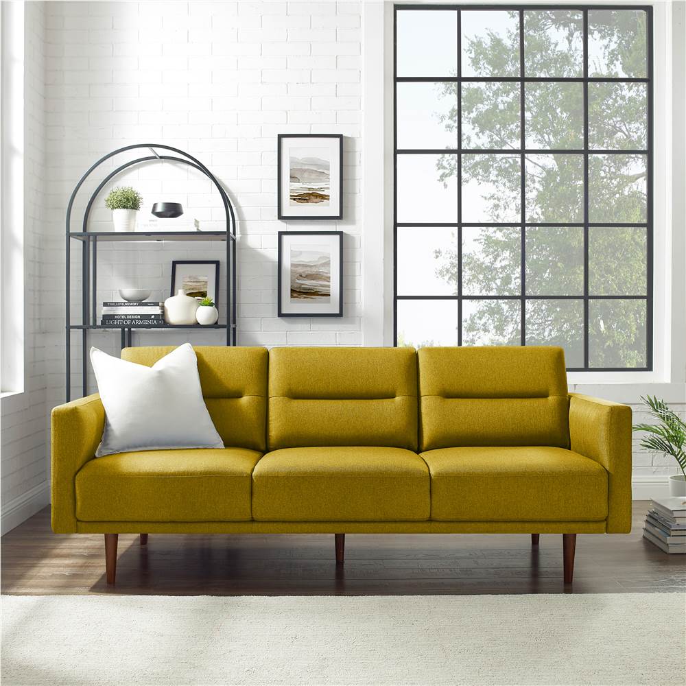 

3-Seat Polyester Fabric Upholstered Sofa, with Ergonomic Backrest and High Rubber Wood Feet, for Living Room, Bedroom, Office, Apartment - Yellow