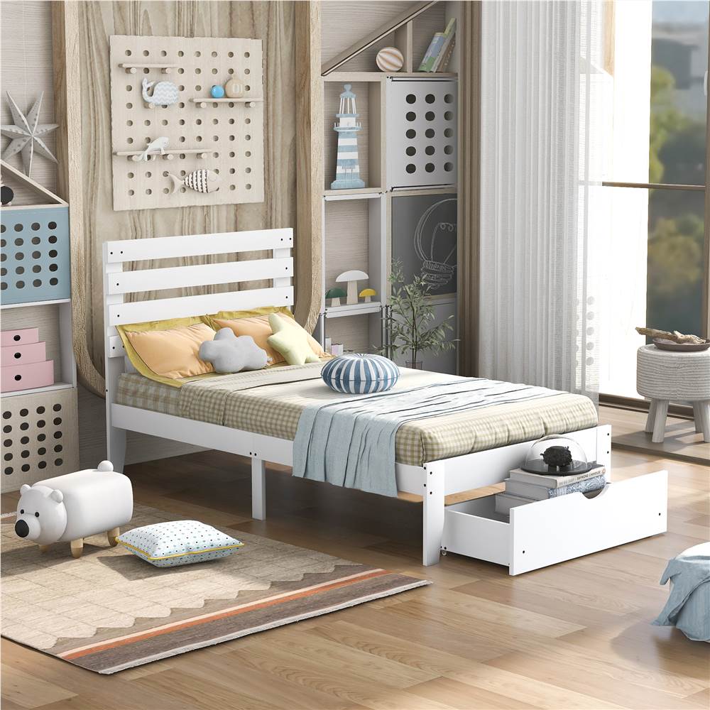 Twin Size Wooden Platform Bed Frame with 2 Storage Drawers - White