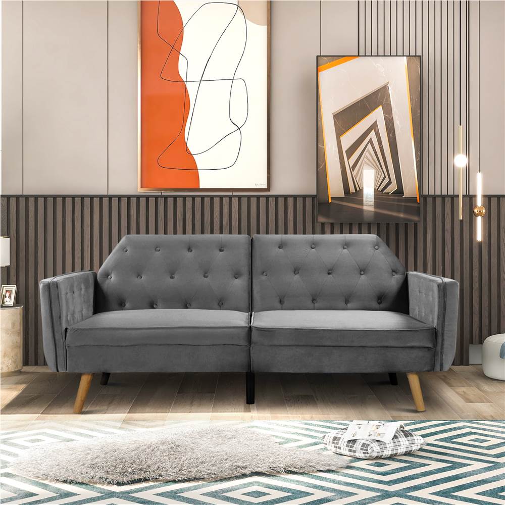 Orisfur 2-Seat Velvet Upholstered Sofa Bed with Wooden Legs and Backrest, for Living Room, Bedroom, Office, Apartment - Grey