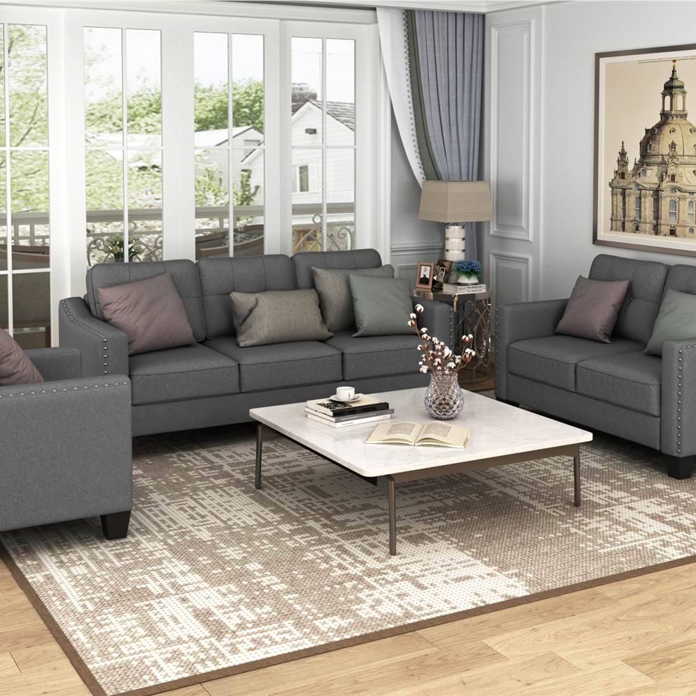 U-STYLE 3 + 2 + 1-Sitz Leinenmischung Stoff Tufted Sofa Set, mit Massivholzrahmen und Plastikfüßen, für Wohnzimmer, Schlafzimmer, Büro, Wohnung - Grau