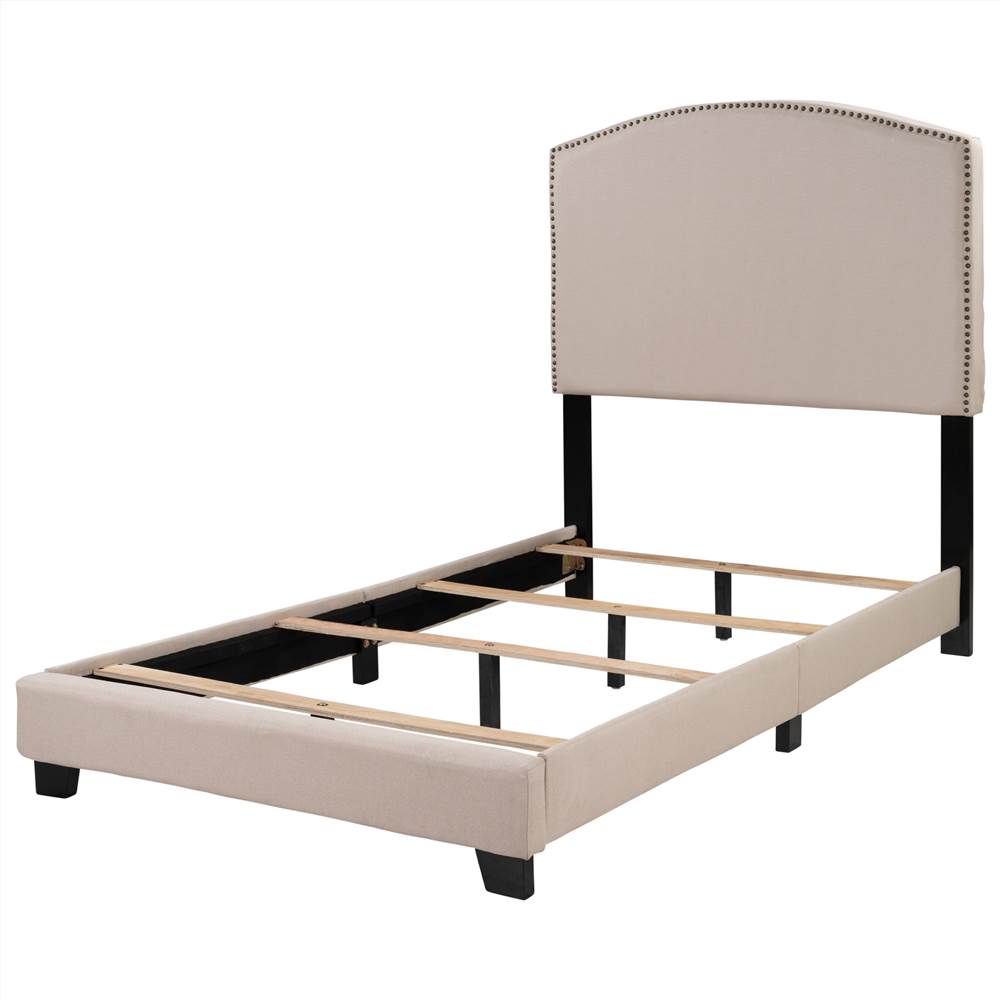 Twin-Size Polyester Linen Platform Bed Frame Beige