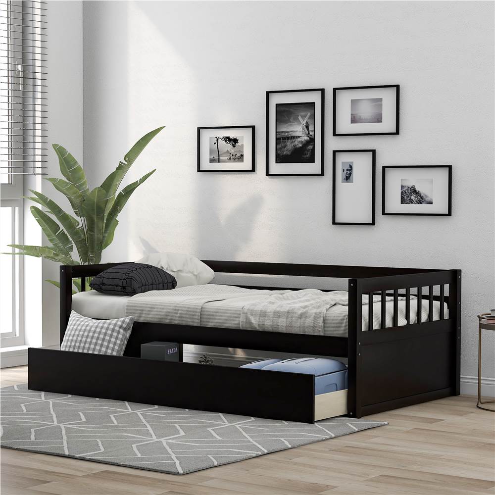 Twin-Size Wooden Platform Sofa Bed Frame with 2 Inseparable Storage Drawers - Espresso
