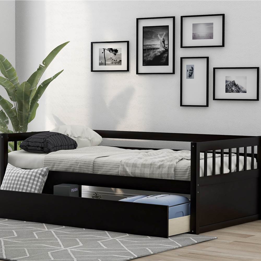 TwinSize Wooden Platform Sofa Bed Frame with 2 Drawers Espresso