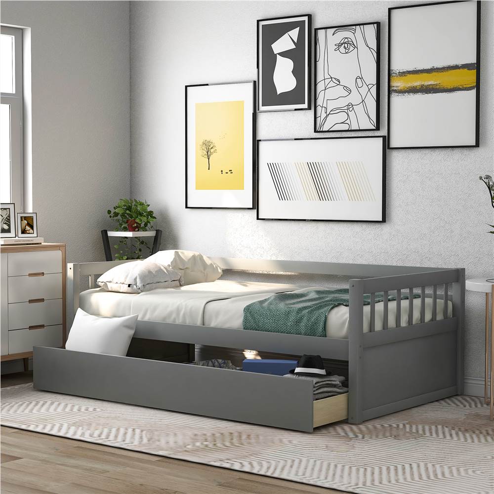 Twin-Size Wooden Platform Sofa Bed Frame with 2 Inseparable Storage Drawers - Gray